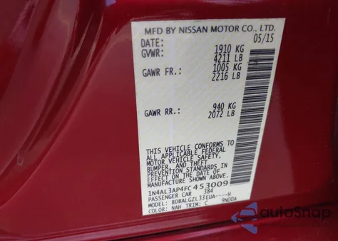 2015 Nissan Altima 2.5 S z USA, uszkodzony, nr VIN 1N4AL3AP4FC453009